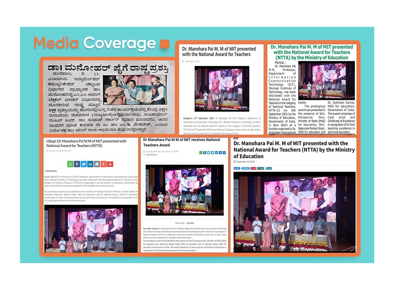 Dr. Manohar Pai M, Professor, Department of Information Communication Technology (ICT) has received the prestigious National Technical Best Teacher award from AICTE