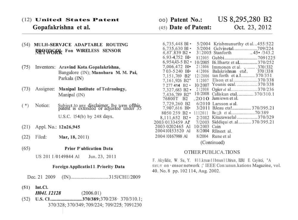 US Patent: Adaptive Routing in Wireless Networks